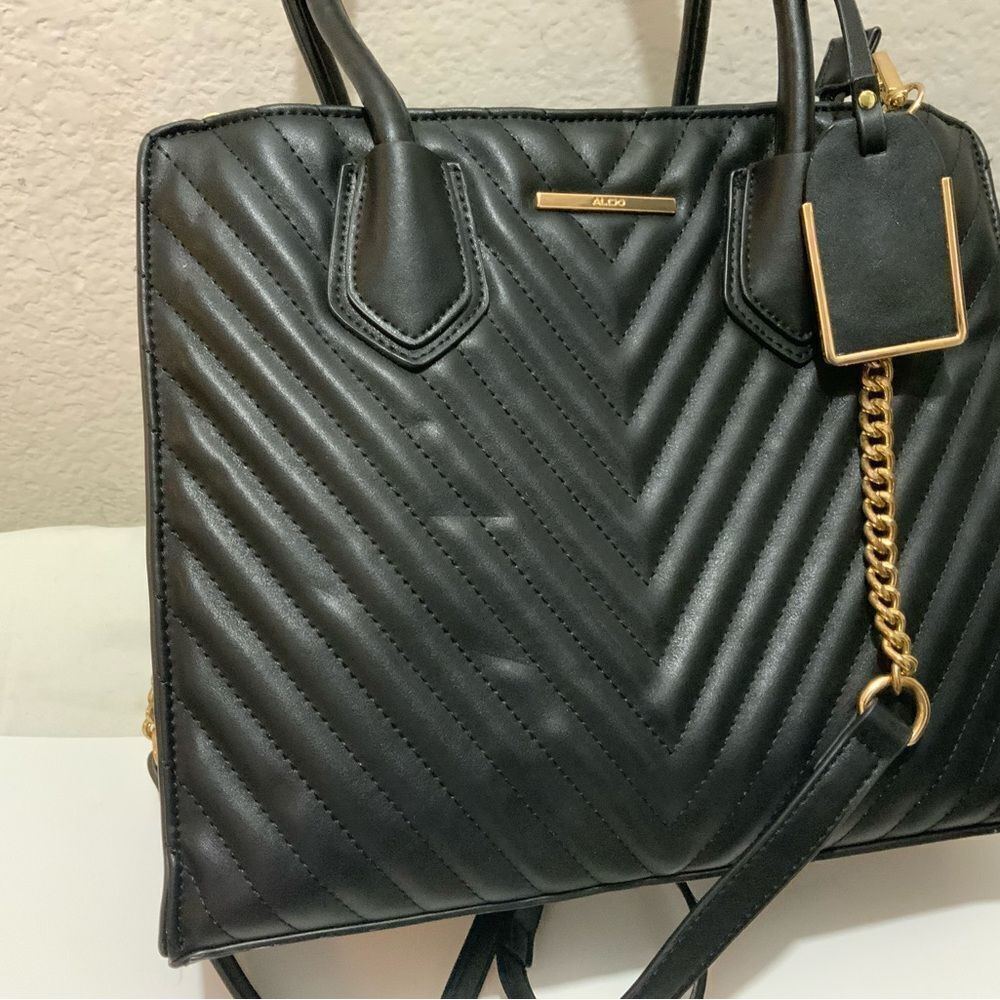 Aldo Womens Satchel Handbag Black Pockets Dual Handle Chain Zipper Faux Leather - Picture 13 of 16